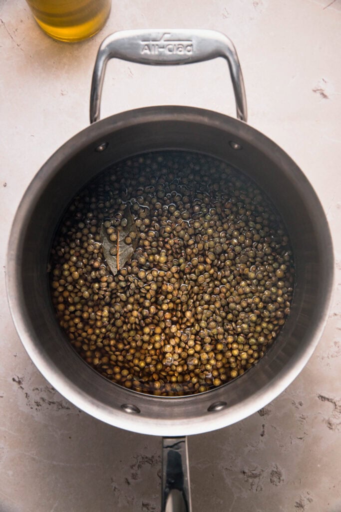 Cooked lentils in pot.