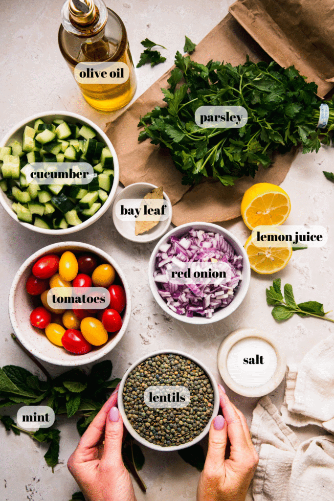 Ingredients for lentil tabbouleh on counter.