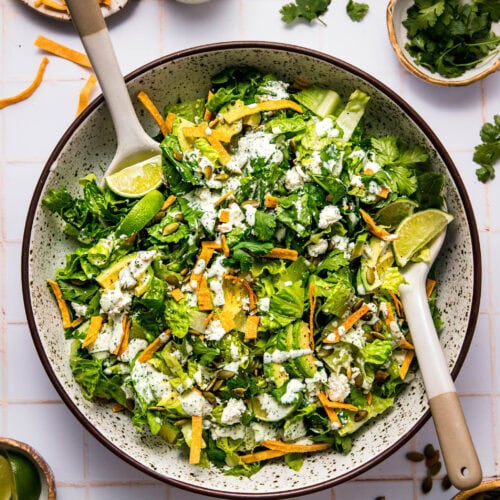 Prepared Mexican caesar salad in serving bowl.