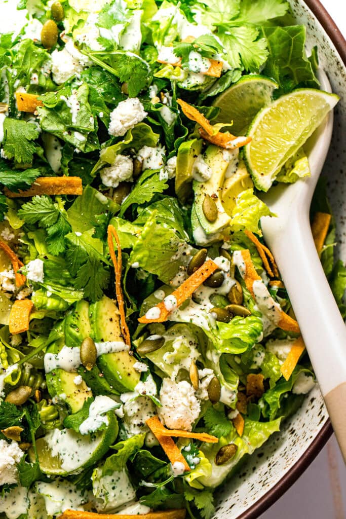Finished Mexican Caesar Salad, extreme close up shot.