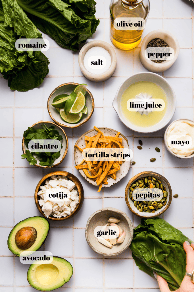 Ingredients for Mexican caesar salad on counter.