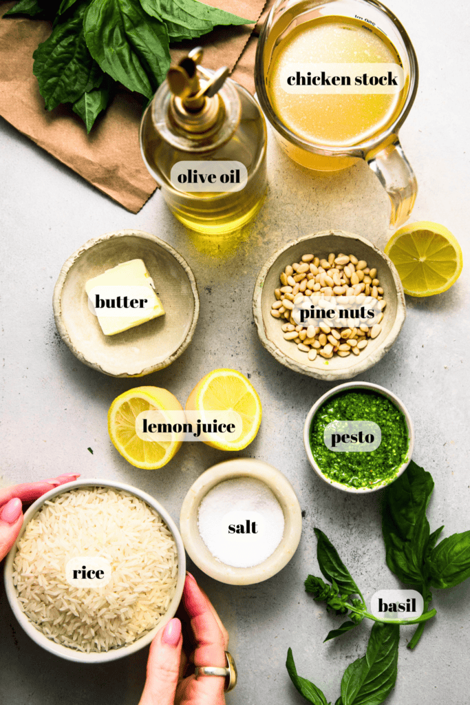 Ingredients for pesto rice labeled on counter.