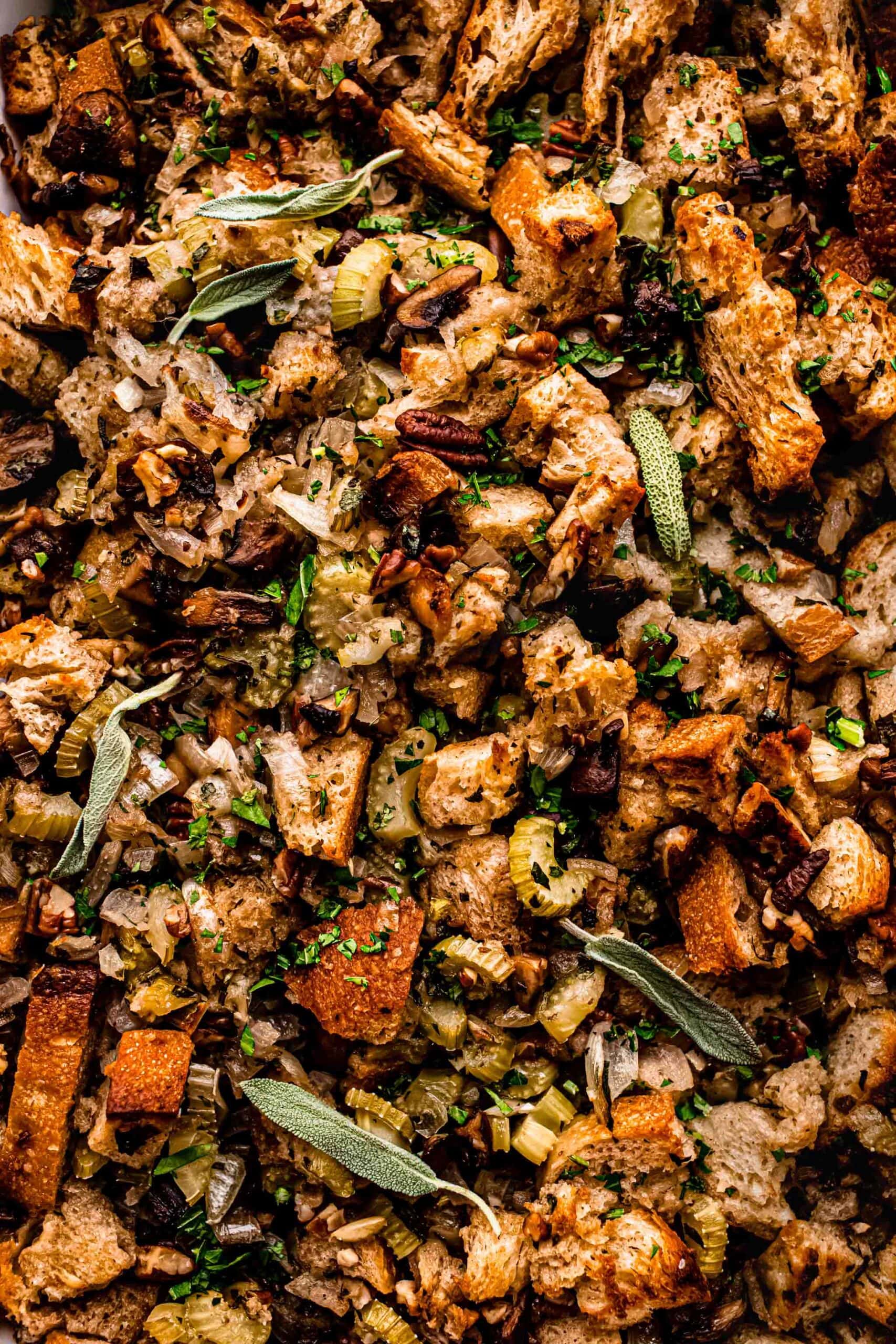 Close up of baked mushroom stuffing.