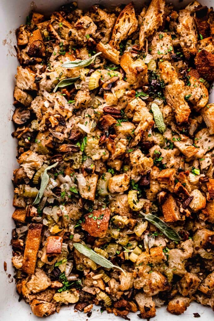 Close up of baked stuffing. 
