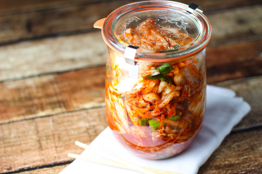 Sealed weck jar filled with prepared kimchi