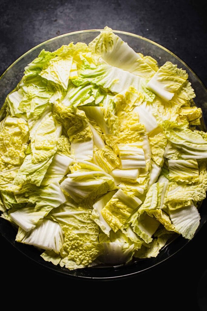 Chopped cabbage in salted water. 
