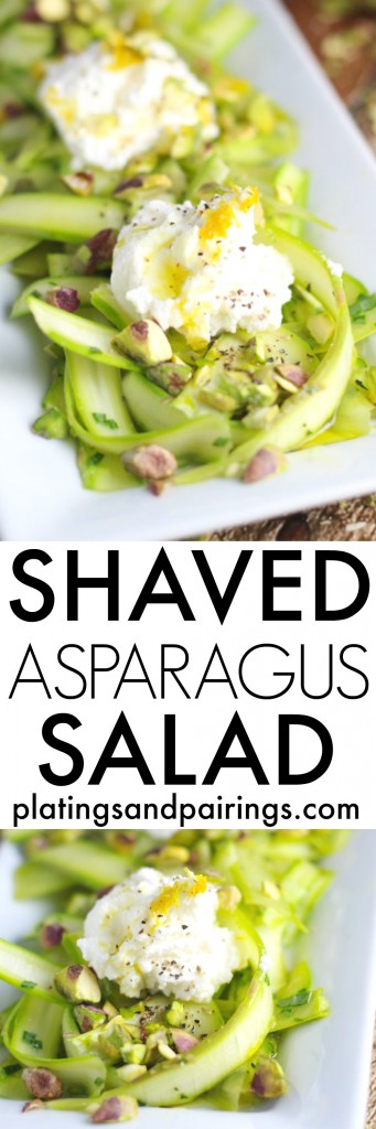 This delicate salad uses shaved asparagus spears that are tossed in a lemon vinaigrette and topped with dollops of ricotta and toasted pistachios | platingsandpairings.com