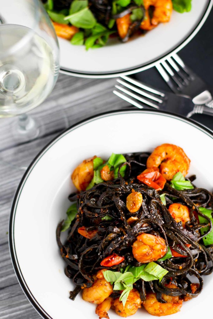 Squid Ink Pasta with Shrimp + Cherry Tomatoes