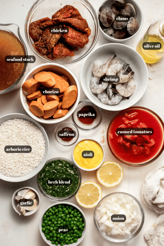 Ingredients for paella labeled on counter.