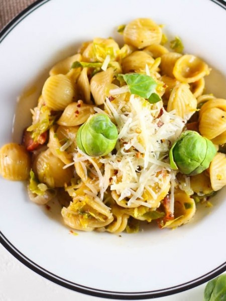 Orecchiette with Brussels Sprouts and Bacon - A quick, delicious 30 minute weeknight meal | platingsandpairings.com