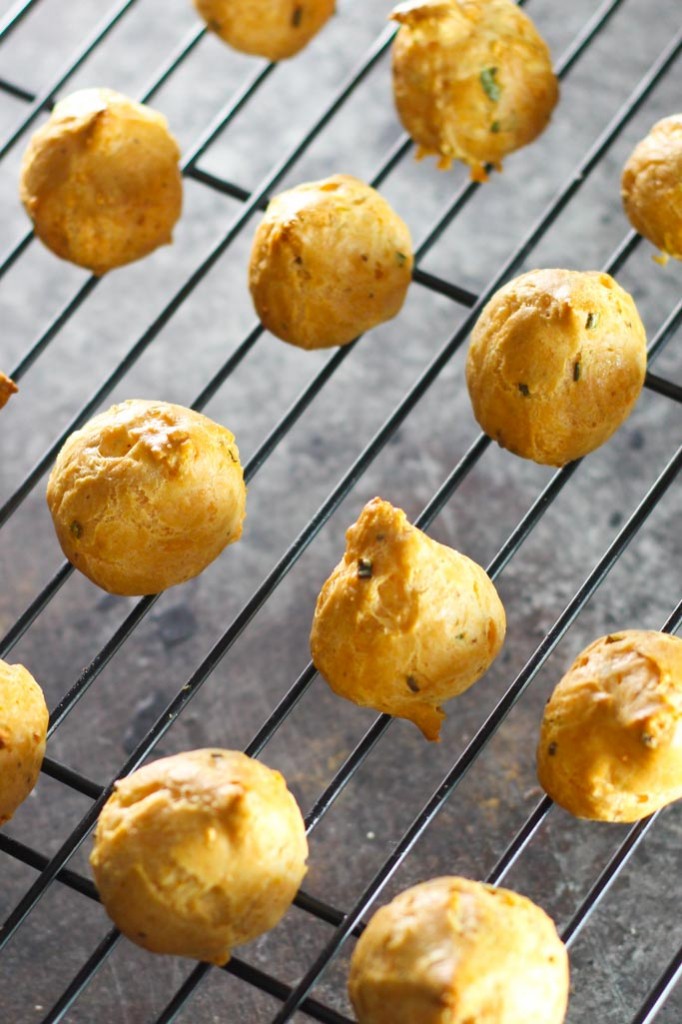 These Asiago Gougères (cheese puffs) bake up light and airy, and have a hint of buttery, sweetness from the asiago cheese.
