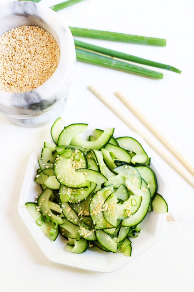 Cucumber Salad with Toasted Rice Powder - This Asian-inspired salad is tangy, crunchy and refreshing, not to mention, EASY to make!| platingsandpairings.com