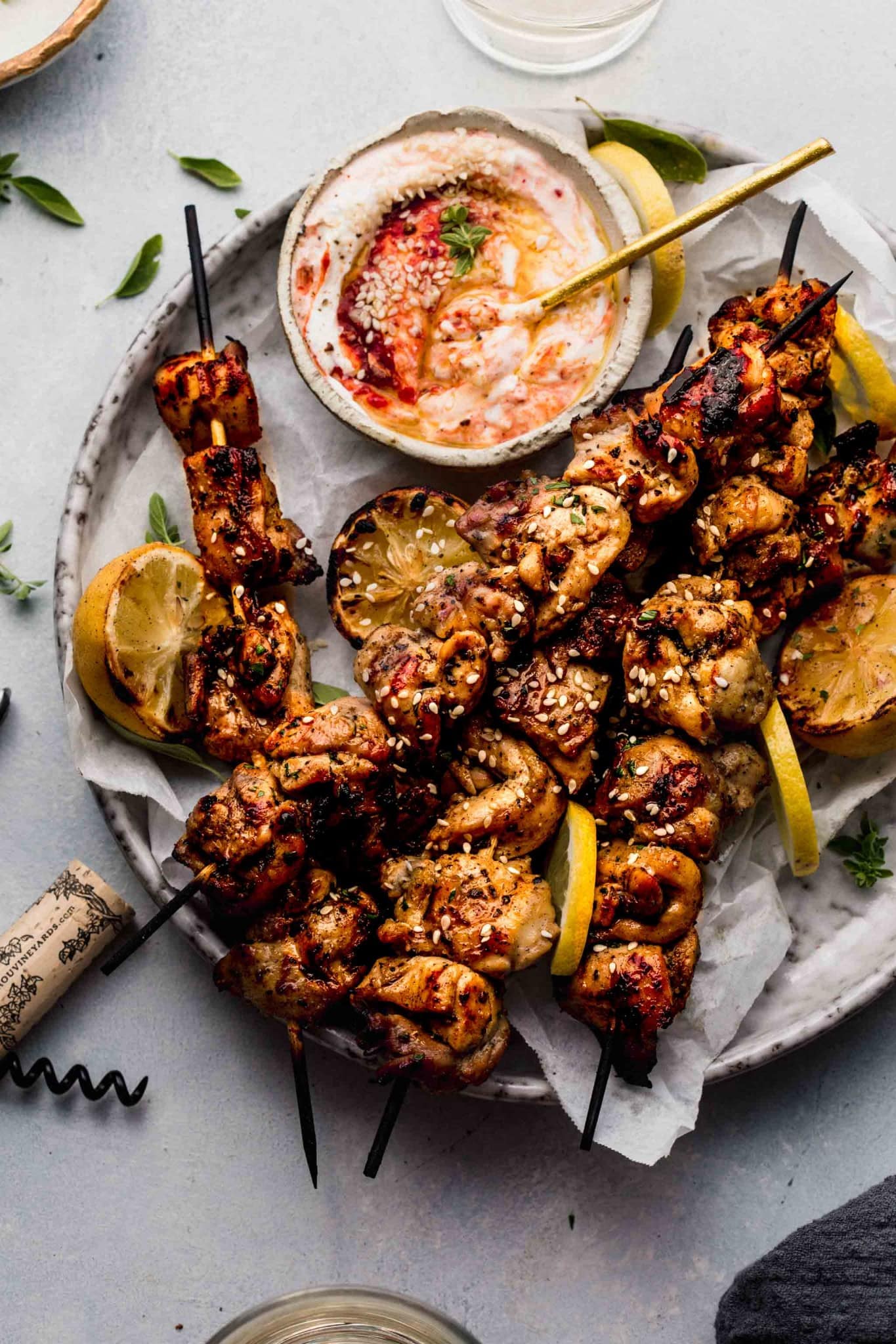 Lemon Chicken Skewers with Harissa Yogurt Sauce Platings + Pairings