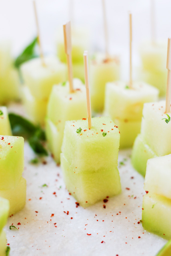 These Melon Skewers with Aleppo Pepper and Lime Zest make a perfect party appetizer that's elegant, refreshing and easy to prepare. | platingsandpairings.com