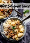 This White Bolognese Sauce combines beef & Italian sausage in this silky, rich & delicately spiced sauce that's perfect for topping a bowl of pasta! #bolognese #pastarecipe #whitebolognese #pastasauce