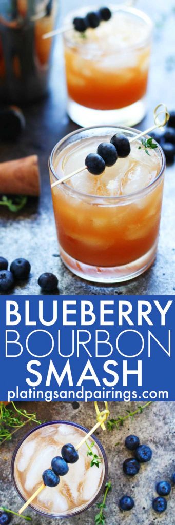 This Blueberry Bourbon Smash Cocktail combines fresh blueberries, apple cider, vanilla and bourbon for a comforting cocktail that's perfect for the Fall season. | platingsandpairings.com