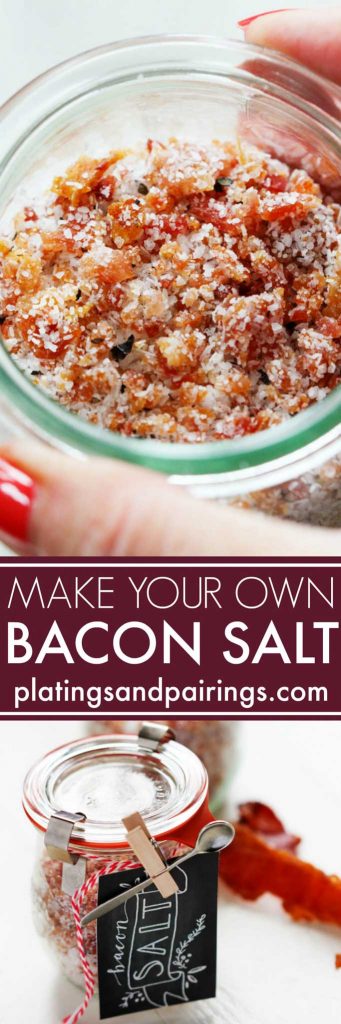 This Homemade Bacon Salt is perfect for sprinkling on popcorn, rimming a Bloody Mary, or finishing off a steak. Plus, it makes a great DIY gift! | platingsandpairings.com