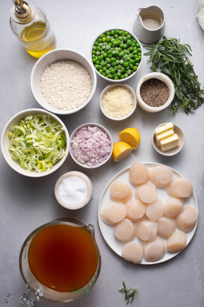 Ingredients for scallop risotto on counter. 