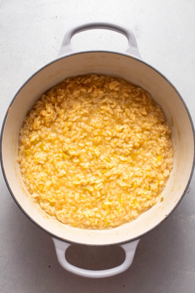 Broth feeding into risotto.