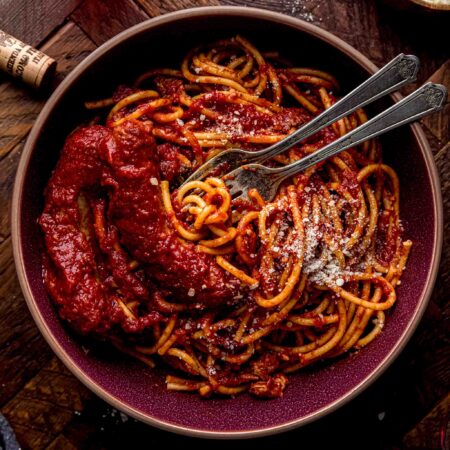 Overhead shot of bowl of sunday gravy.