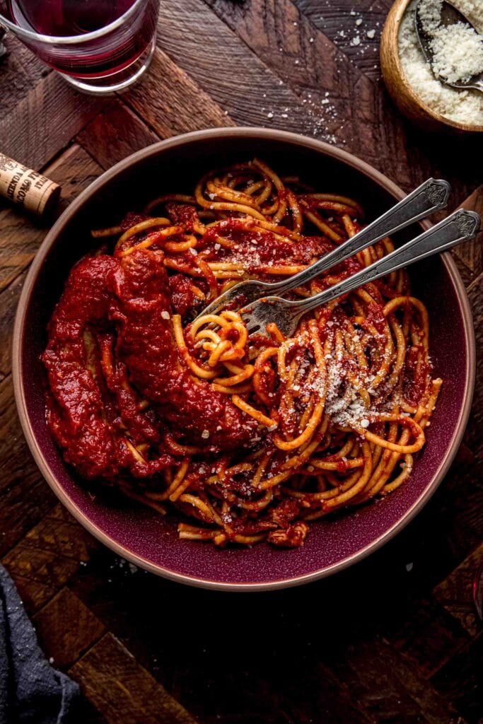 Overhead shot of bowl of sunday gravy.