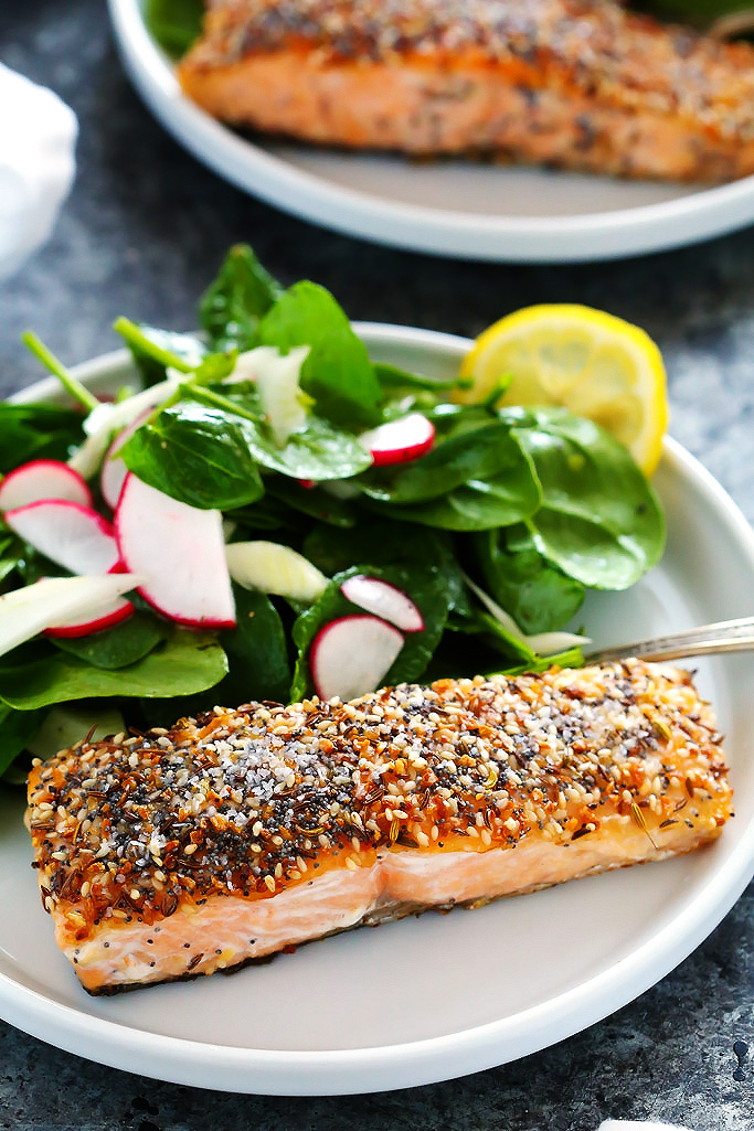 This "Everything" Crusted Salmon coats salmon filets in a seasoning combined of all the ingredients you would find on an "everything" bagel. The salmon filets are quick seared and then finished off in the oven for a delicious dinner that's ready in 20 minutes.
