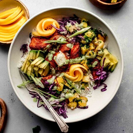 Fish Taco Bowls with Avocado Crema