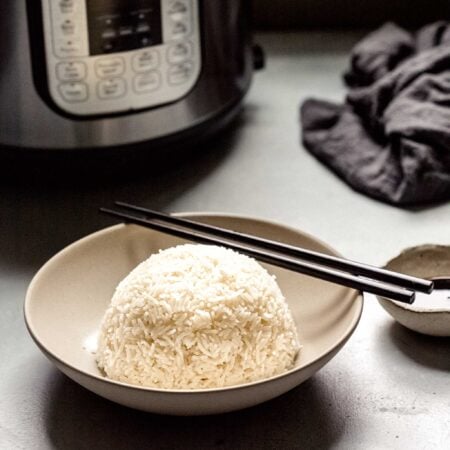 Bowl of rice and small bowl of soy sauce next to instant pot.