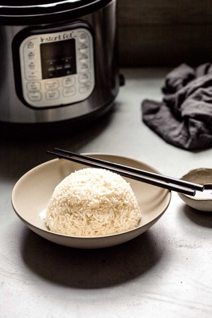 Bowl of rice and small bowl of soy sauce next to instant pot.