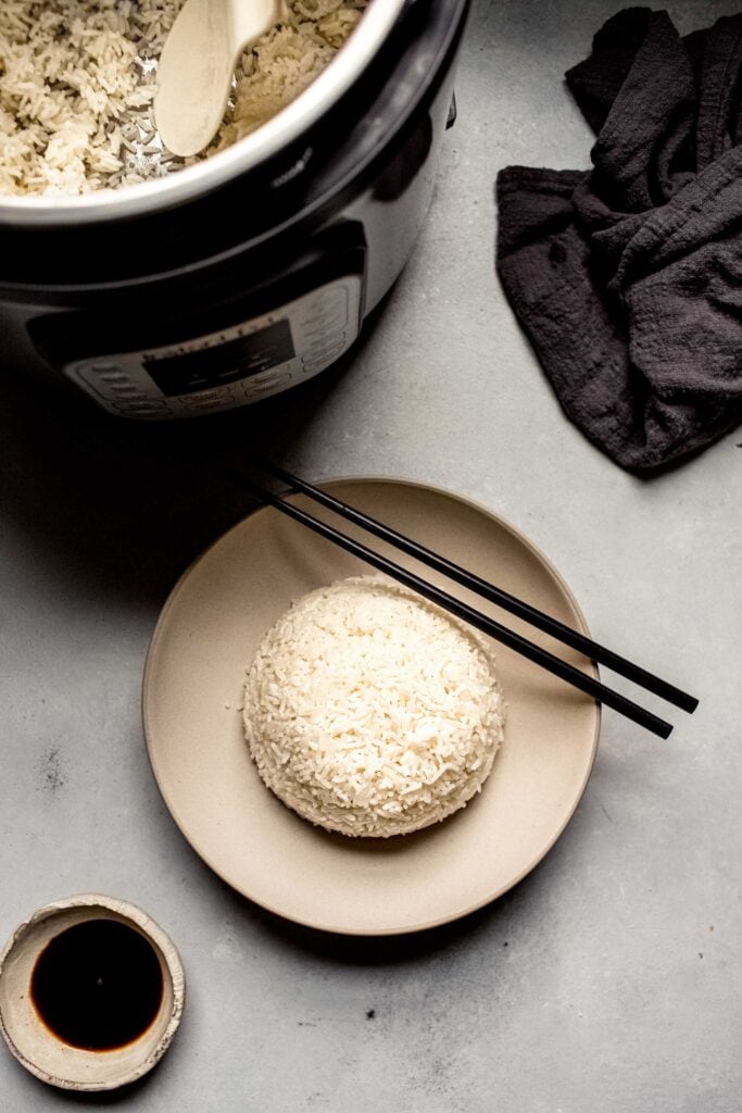Bowl of rice and small bowl of soy sauce next to instant pot.