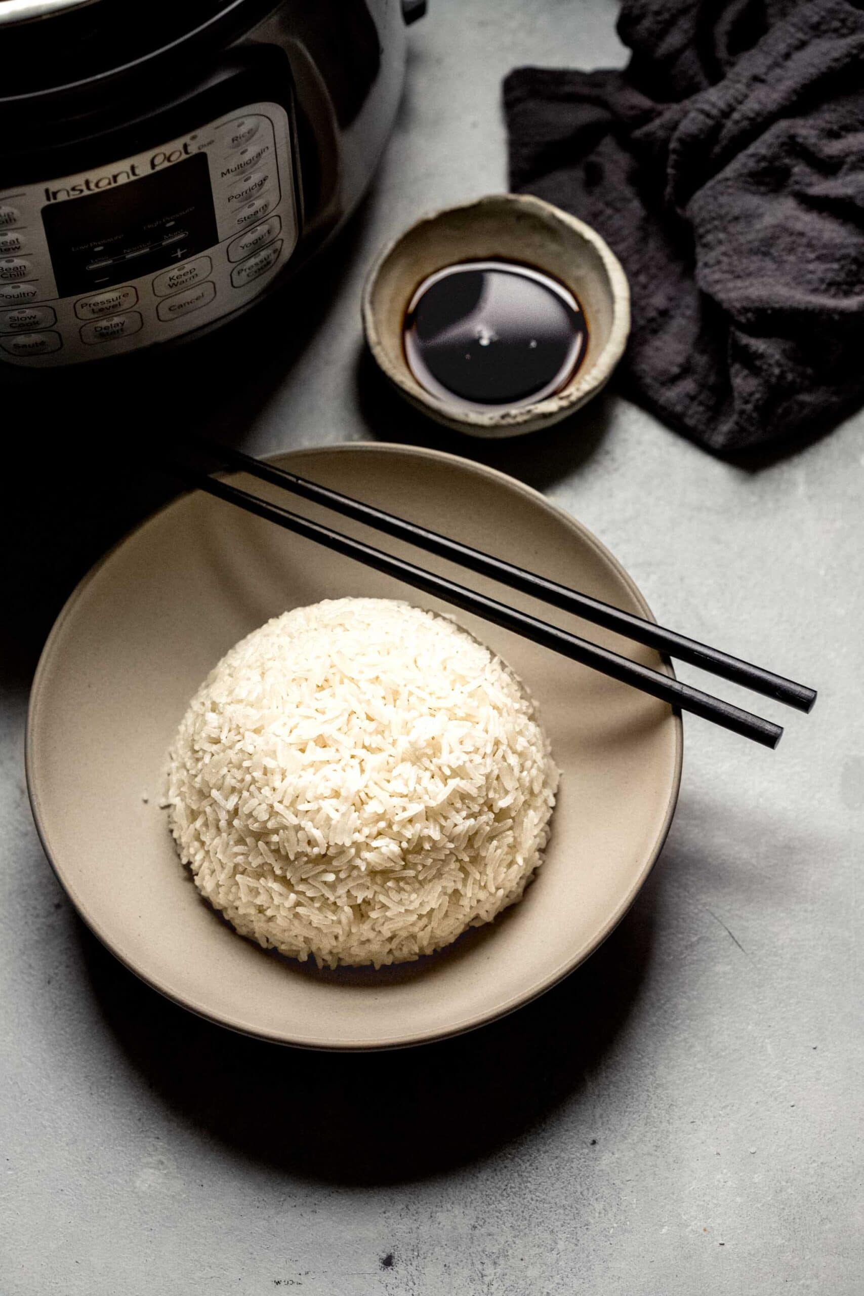 Bowl of rice and small bowl of soy sauce next to instant pot.