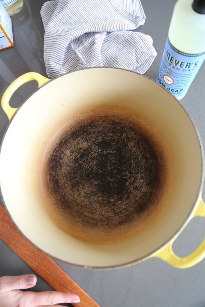 Dirty dutch oven on counter.