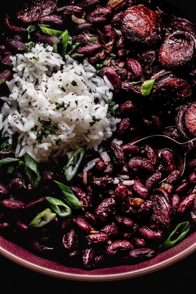 Overhead close up of red beans & rice in serving bowl. 