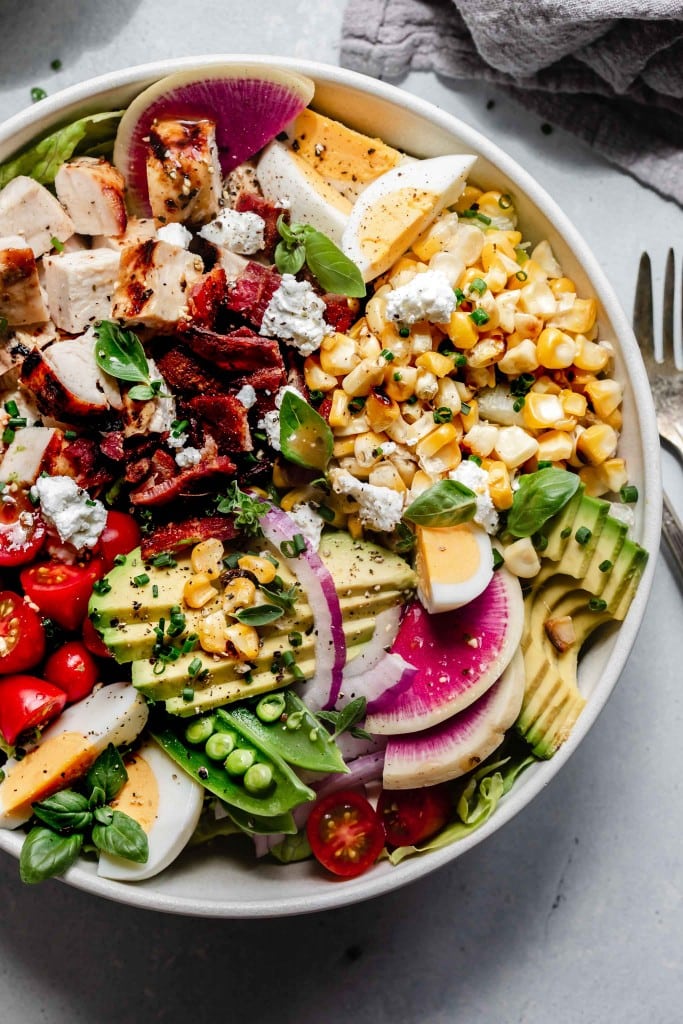 Close up of cobb salad in bowl. 