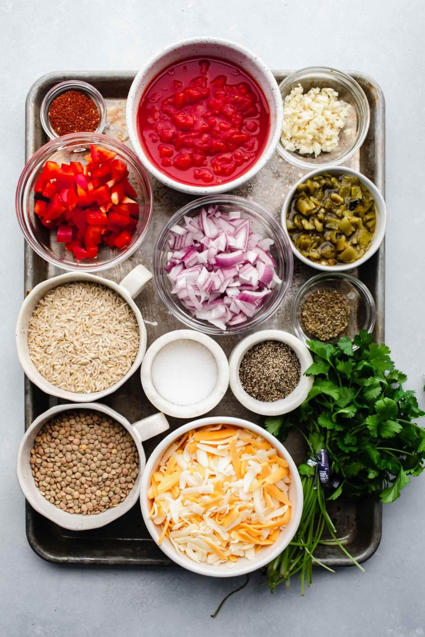 Ingredients for instant pot lentils and rice on tray. 