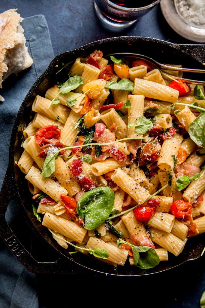 Make this BLT Pasta for a budget-friendly date night dinner at home. All the ingredients, including a bottle of wine, come in at under $30!