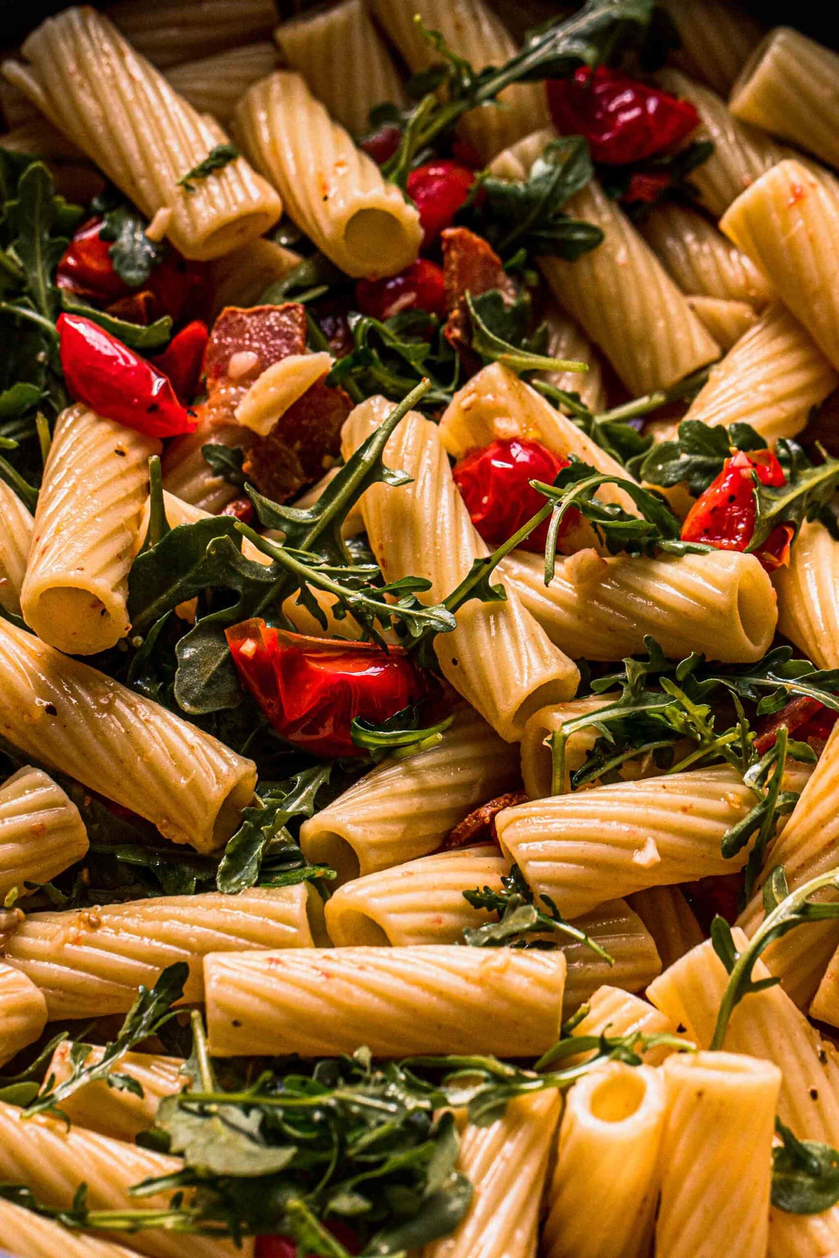 Close up of pasta tossed with sauce. 