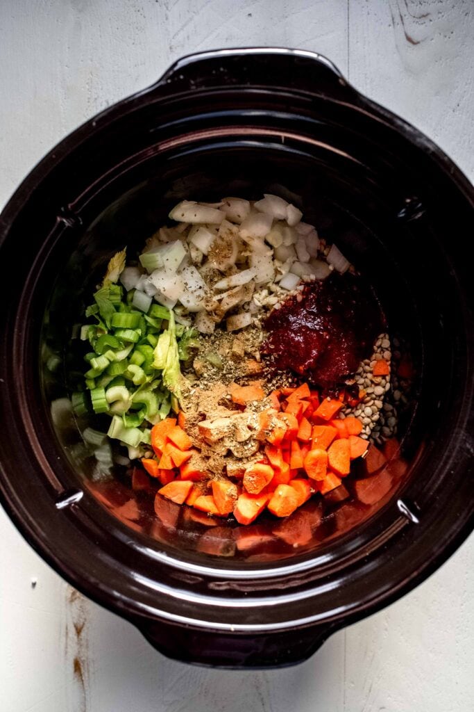 Ingredients for spicy lentil soup in crockpot. 