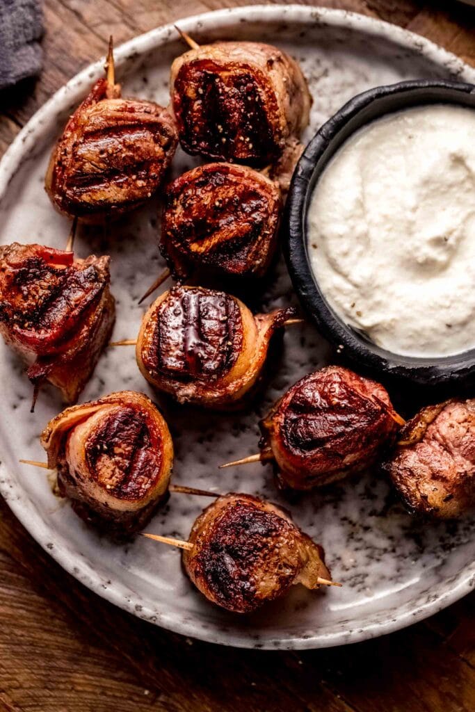 Plate of filet mignon bites ready to be served. 