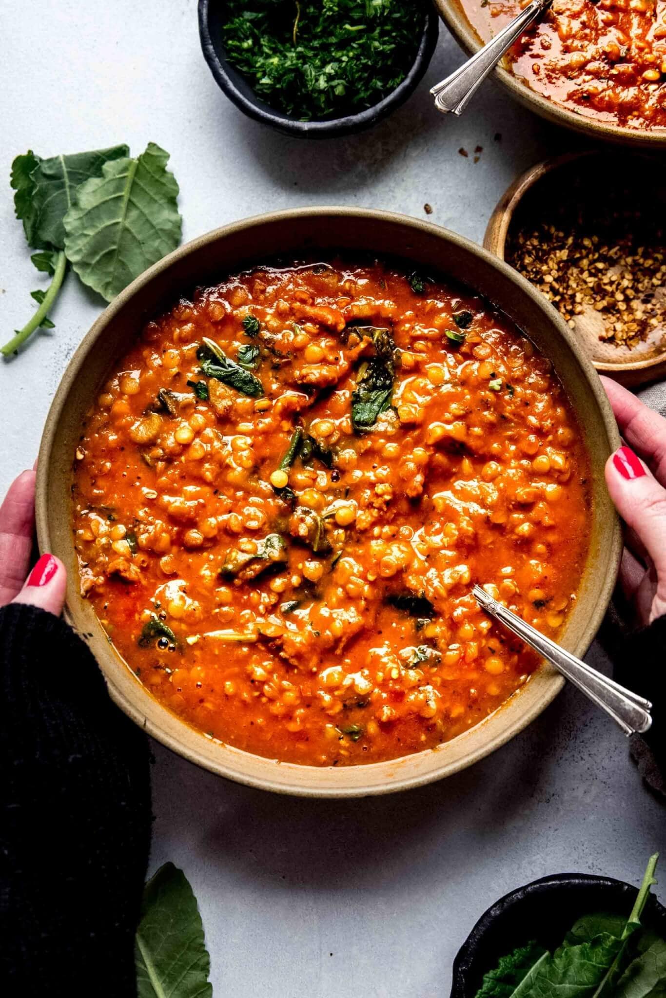 Overhead close up of hands holding bowl of lentil soup. 