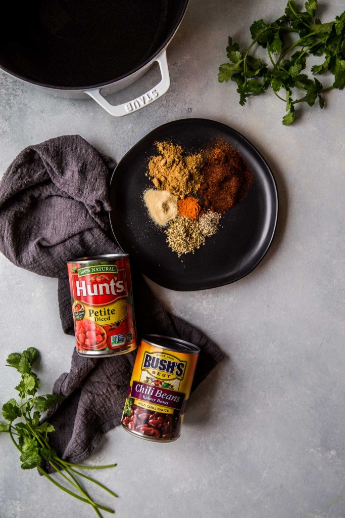 Ingredients for spicy beef and beer chili with beans