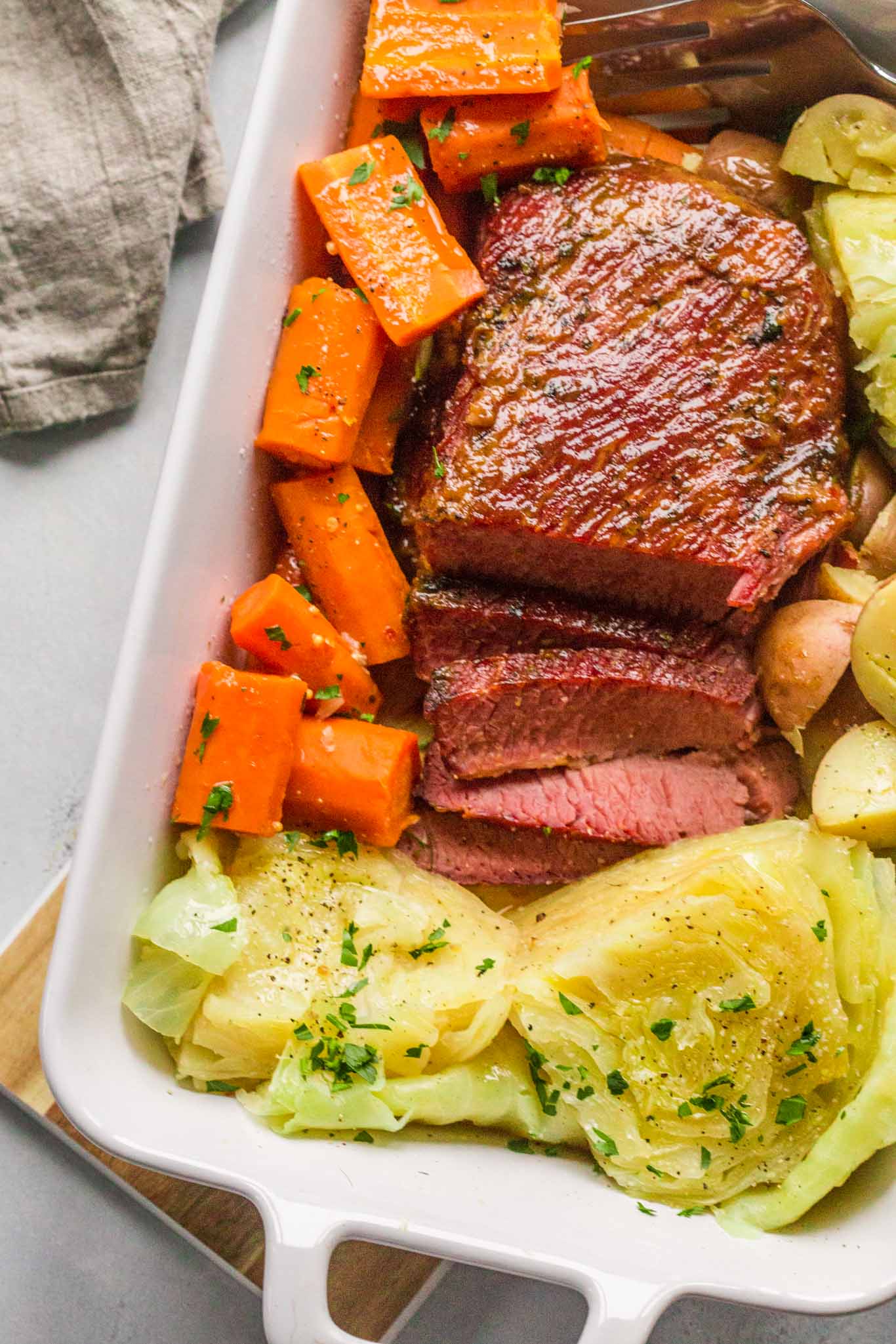 Overhead of corned beef cut on platter