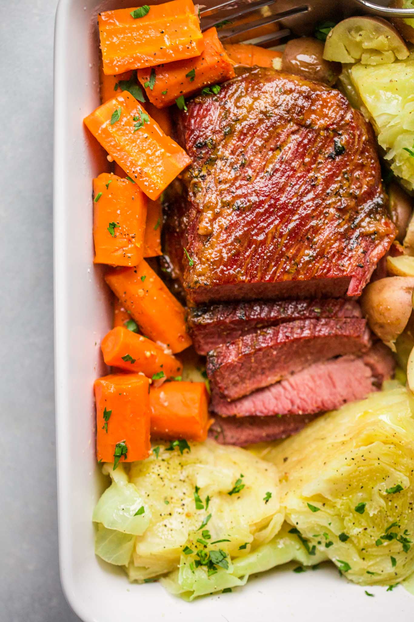 Overhead shot of slow cooker corned beef