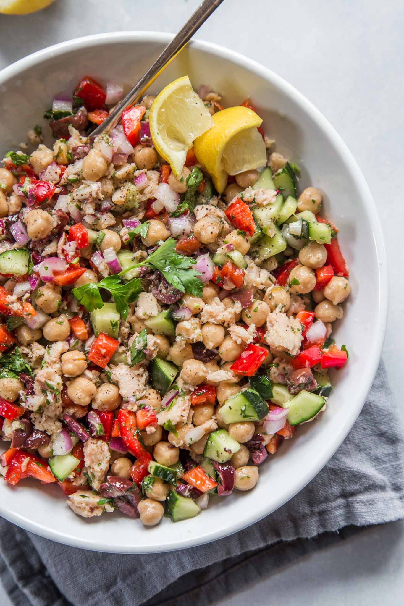 Close up of Mediterranean tuna chickpea salad.