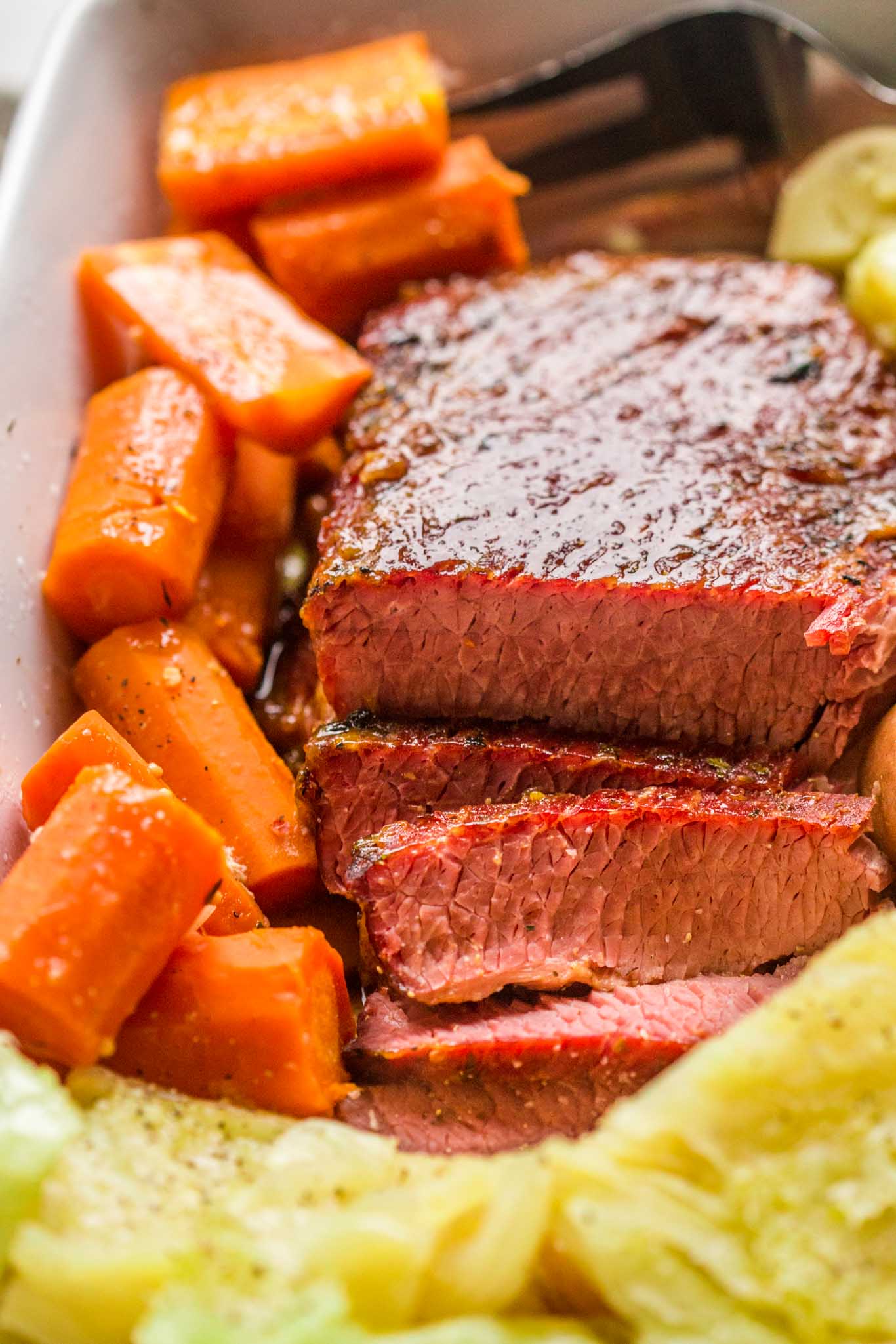 Slow Cooker Corned Beef on platter.