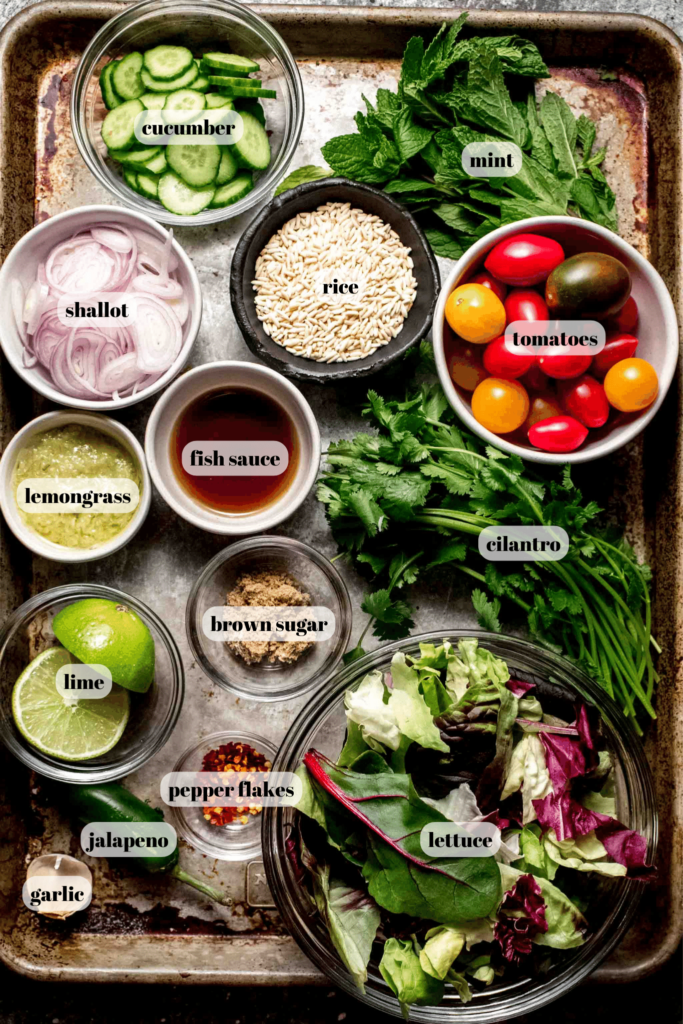 Ingredients for Thai Beef Salad labeled on counter. 