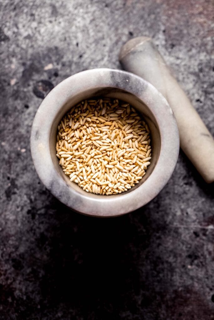 Toasted rice in mortar. 