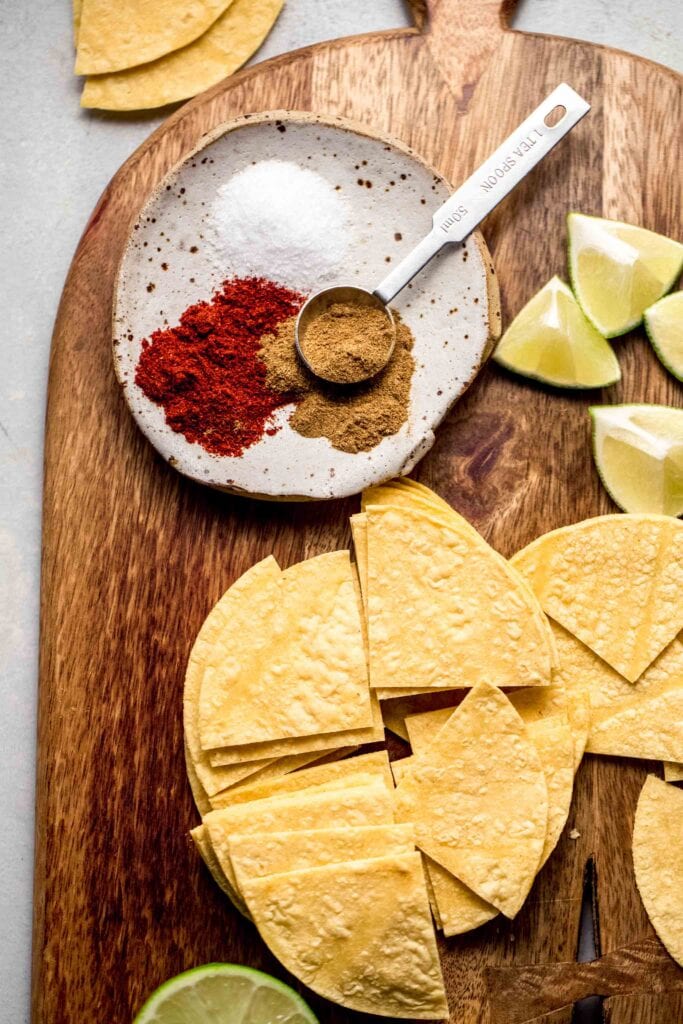 Tortillas cut on board. 