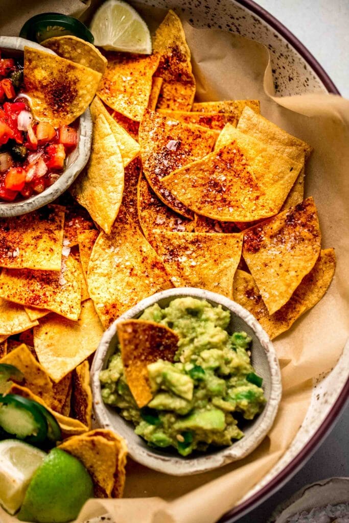 Close up of baked chips in basket.