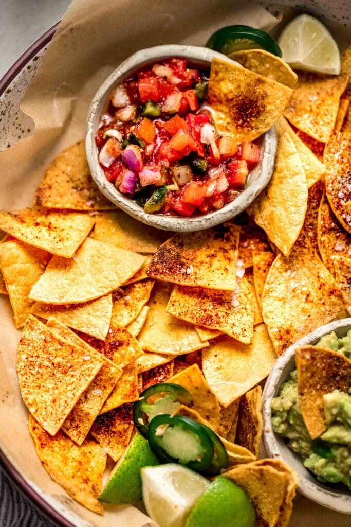 Close up of baked chips in basket.